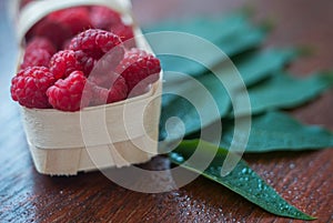 Macro raspberries in a basket with green leaf