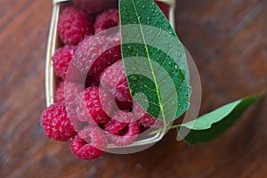 Macro raspberries in a basket with green leaf