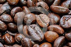 Macro of roasted coffee beans.