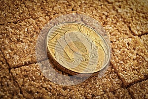 Macro of Russian ruble coin over brown sugar. World Food Problem by Sanctiopns. Food Shortage, Global Issues in