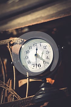 Macro rusty metal parts and old broken clock in sunday flea market