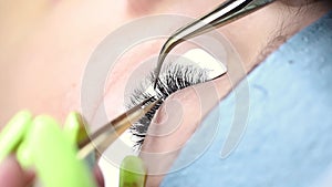 Macro seed of the eyelash extension procedure, the master spreads the cilia bundles and glues the lash with tweezers