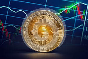 Macro shiny bitcoin and trading market data chart. virtual crypt photo