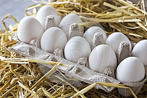 Macro shoot of brown / white  eggs at hay nest in chicken farm