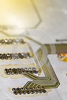 Macro Shoot of Empty Used Printed Circuit Board with Flux Residues and Metallization Circuitry for SMD Components