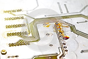 Macro Shoot of Empty Used Printed Circuit Board with Flux Residues and Metallization Circuitry for SMD Components