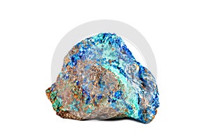 Macro shooting of natural gemstone. Raw mineral azurite, Morocco. Isolated object on a white background.