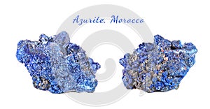 Macro shooting of natural gemstone. Raw mineral azurite, Morocco. Isolated object on a white background.
