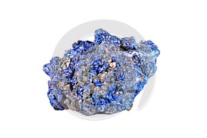 Macro shooting of natural gemstone. Raw mineral azurite, Morocco. Isolated object on a white background.