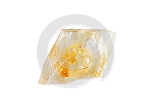 Macro shooting of natural gemstone. The raw mineral is citrine. Brazil. object on a white background.