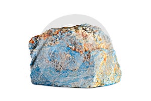 Macro shooting of natural gemstone. Raw mineral dumortierite. Madagascar. Isolated object on a white background. photo