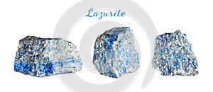 Macro shooting of natural gemstone. Raw mineral lazurite. Pakistan. Isolated object on a white background.