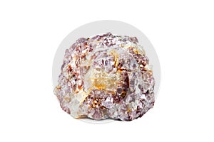 Macro shooting of natural gemstone. Raw mineral lepidolite, Madagascar. Isolated object on a white background.