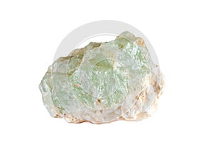 Macro shooting of natural gemstone. The raw mineral is prehnite. Isolated object on a white background.