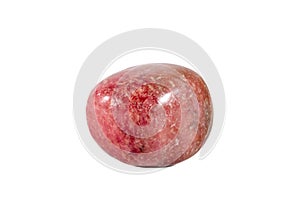 Macro shooting of natural gemstone. The raw mineral is rhodonite, China. Isolated object on a white background.