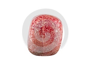 Macro shooting of natural gemstone. The raw mineral is rhodonite, China. Isolated object on a white background.