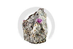 Macro shooting of natural gemstone. Raw mineral ruby in albite. Karelia. Isolated object on a white background.