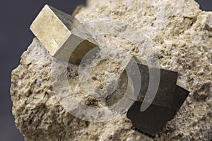 macro shooting of natural mineral rock specimen, pirite sample