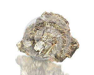 Macro shooting of natural mineral rock specimen - pirite,stone on an isolated white background