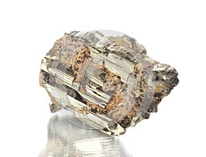 Macro shooting of natural mineral rock specimen - pirite,stone on an white background
