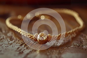 Macro shot of an adjustable golden anklet on a textured surface