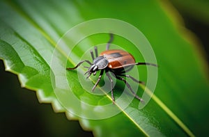 Macro shot of an adult beetle sitting on a leaf blade in a garden. Its forewings are bright scarlet and shiny. The legs