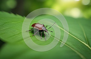 Macro shot of an adult beetle sitting on a leaf blade in a garden. Its forewings are bright scarlet and shiny. The legs