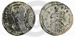 Macro shot of an ancient Roman copper coin of Emperor Constantine I Magnus.