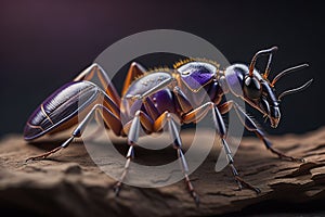 Macro shot of an ant on a piece of wood against a dark background. generative ai