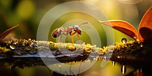 Macro shot of ant and water drops on moss near water in forest in the morning