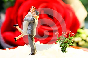 Macro shot of artifact tiny dolly lovers couples with flower red roses and background. Wedding and love concept