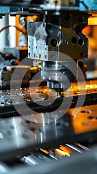 A macro shot of an automatic stamping press in action emphasizing the power and efficiency of modern manufacturing machines