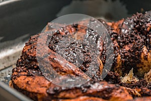 Macro shot of the backed round chocolate cake