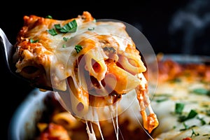 Macro Shot of Baked Ziti with Marinara Sauce and Mozzarella Cheese Stretching from Fork