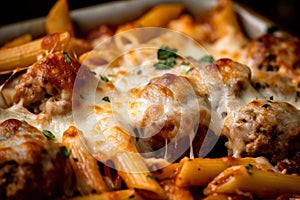 Macro Shot of Baked Ziti with Meatballs and Parmesan Cheese on Top