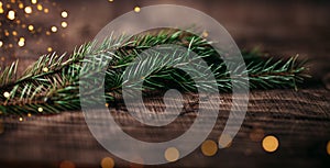 Macro shot of a beautiful branch of a Christmas tree. Background for a greeting card. Wooden table with yellow garlands. Christmas