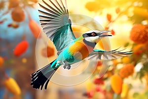 Macro shot of beautiful flying colorful tropical bird in the air on a blooming tree.