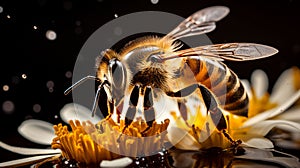 Macro shot of a bee collecting pollen from a daisy flower, generate AI