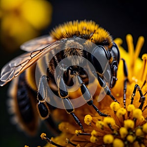 Macro shot of a bee collecting pollen from a yellow flower. generative ai