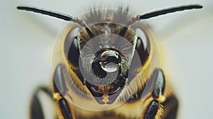 Macro shot of a bee with a drop of water on its head, highlighting the eyes and antennae