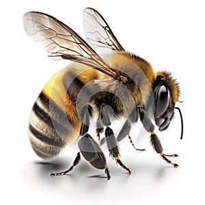 macro shot of honey bee isolated on white background. Close up of bee insect. Generative AI
