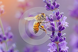 macro shot of a bee landing on a vibrant lavender flower