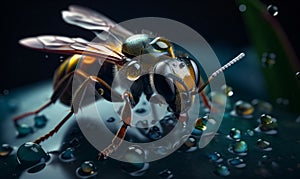 Macro shot of a bee sitting on the smooth dark surface covered with water drops. Useful insect is in water droplets too. Close up