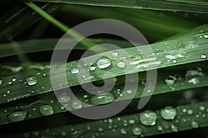 Macro shot of big water drops on green leaves after the rain. Selective focus. Big droplet of morning dew on the grass. Drops of