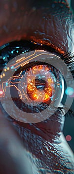 Macro shot of a bionic eye with neon circuits showcasing future vision technology