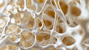 Macro shot of a bioprinted bone structure highlighting the intricate network of cells and vessels within