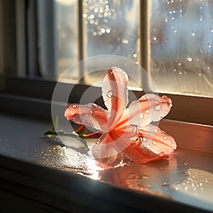 A macro shot of a blooming flower on a windowsill in an empty classroom