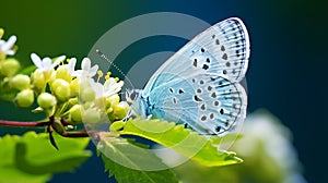 Macro Shot Of Blue Butterfly Resting On White Flowers