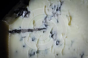 macro shot of a blue cheese sliced, from france, with a focus on mold and blue veins. It\'s a cheese made with