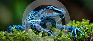 Macro shot of a blue poison dart frog dendrobates tinctorius azureus resting on moss